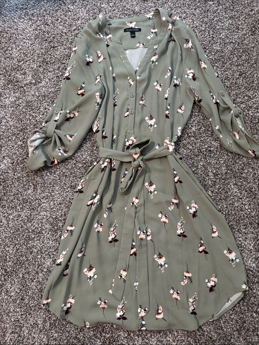 41 Hawthorn Olive Green Floral Button-Front Tie-Waist Midi Dress